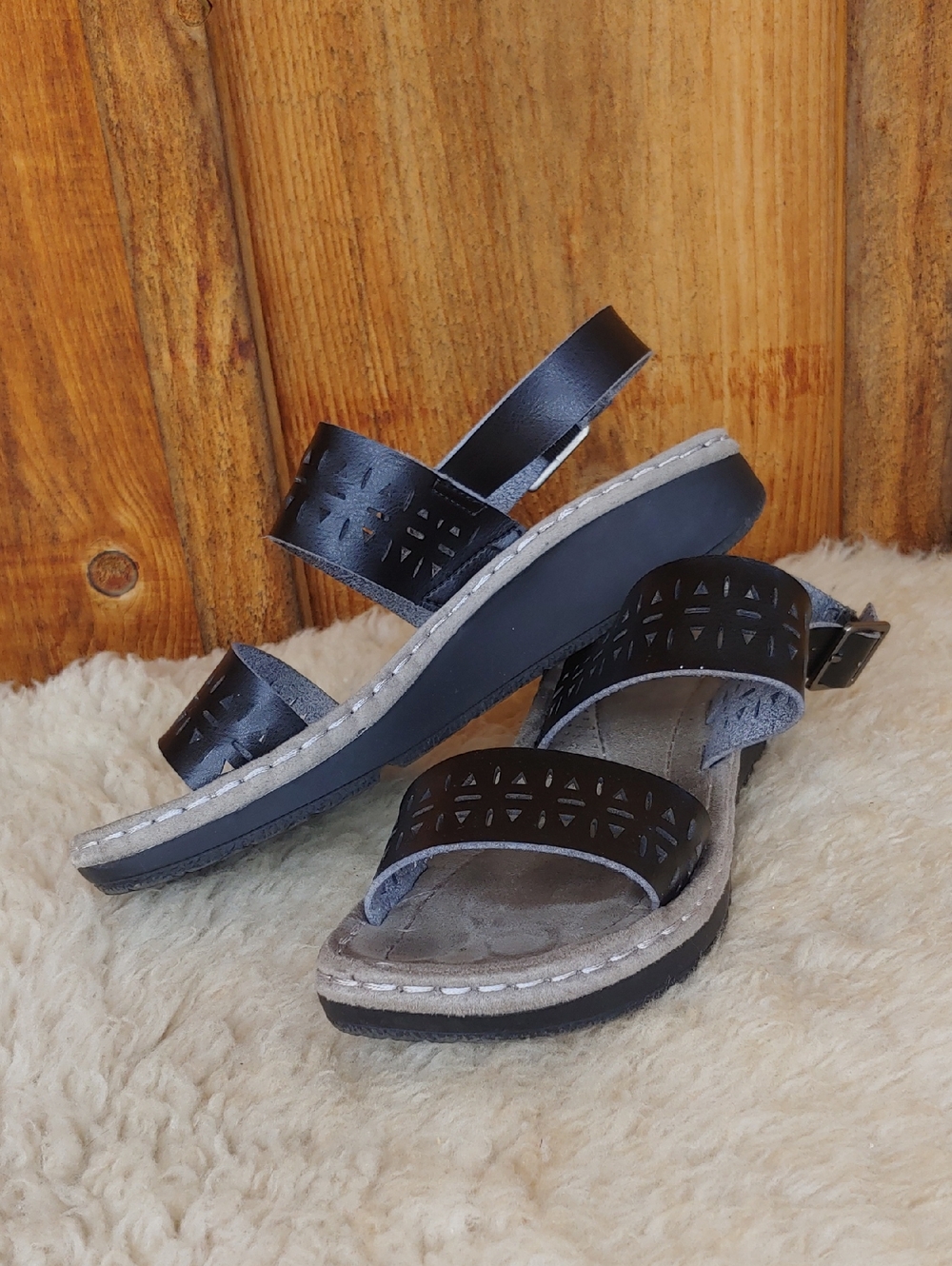 Earth Spirit Black Laser-Cut Slingback Sandals